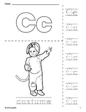 Free printable costume Halloween coloring page and letter tracing worksheet, letter c worksheet for preschool, pre-k, and kindergarten, PDF