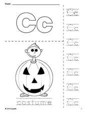 Free printable costume Halloween coloring page and letter tracing worksheet, letter c worksheet for preschool, pre-k, and kindergarten, PDF