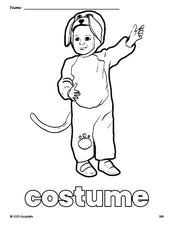 Free printable costume Halloween coloring page for preschool, pre-k, and kindergarten, PDF