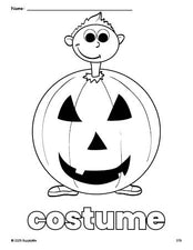 Free printable costume Halloween coloring page for preschool, pre-k, and kindergarten, PDF