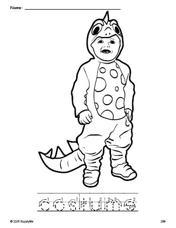 Free printable costume Halloween coloring page and word tracing worksheet, letter formation guides, perfect for preschool, pre-k, and kindergarten, PDF