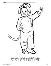 Free printable costume Halloween coloring page and word tracing worksheet, letter formation guides, perfect for preschool, pre-k, and kindergarten, PDF