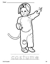 Free printable costume Halloween coloring page and word tracing worksheet, perfect for preschool, pre-k, and kindergarten, PDF