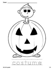 Free printable costume Halloween coloring page and word tracing worksheet, perfect for preschool, pre-k, and kindergarten, PDF