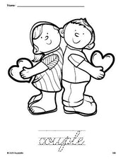 Free printable couple Valentine's Day coloring page and cursive word tracing worksheet, perfect for preschool, pre-k, and kindergarten, PDF