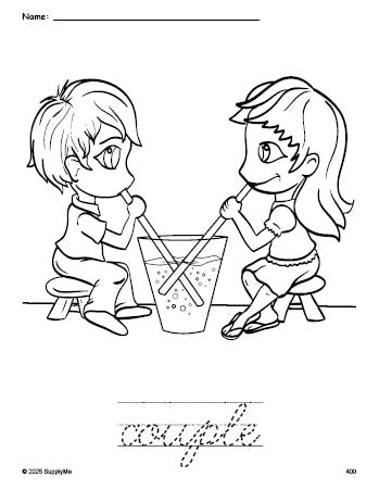 Free printable couple Valentine's Day coloring page and cursive word tracing worksheet, perfect for preschool, pre-k, and kindergarten, PDF