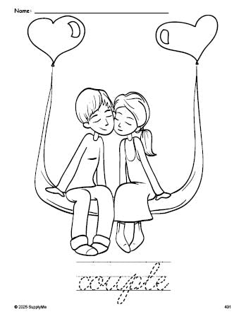 Free printable couple Valentine's Day coloring page and cursive word tracing worksheet, perfect for preschool, pre-k, and kindergarten, PDF