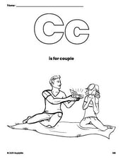 Free printable couple Valentine's Day coloring page, letter c coloring page for preschool, pre-k, and kindergarten, PDF