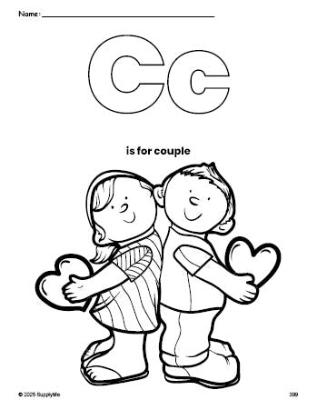 Free printable couple Valentine's Day coloring page, letter c coloring page for preschool, pre-k, and kindergarten, PDF