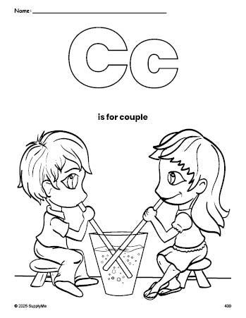 Free printable couple Valentine's Day coloring page, letter c coloring page for preschool, pre-k, and kindergarten, PDF