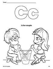 Free printable couple Valentine's Day coloring page, letter c coloring page for preschool, pre-k, and kindergarten, PDF