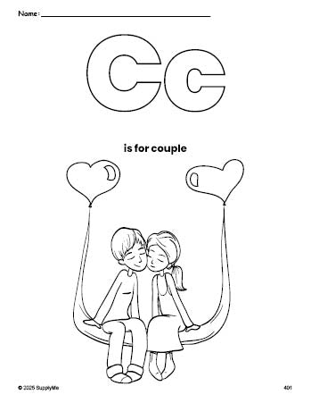 Free printable couple Valentine's Day coloring page, letter c coloring page for preschool, pre-k, and kindergarten, PDF