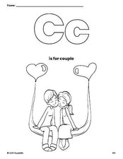 Free printable couple Valentine's Day coloring page, letter c coloring page for preschool, pre-k, and kindergarten, PDF