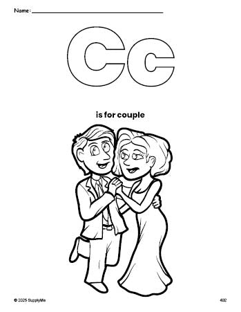 Free printable couple Valentine's Day coloring page, letter c coloring page for preschool, pre-k, and kindergarten, PDF