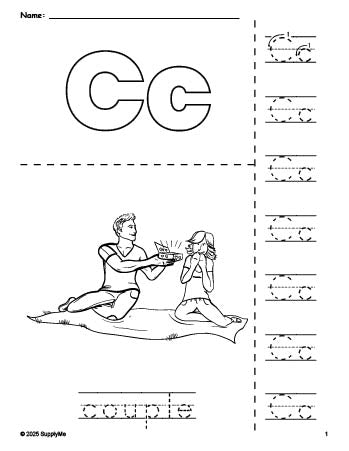 Free printable couple Valentine's Day coloring page and letter tracing worksheet, letter c worksheet for preschool, pre-k, and kindergarten, PDF