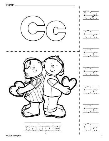 Free printable couple Valentine's Day coloring page and letter tracing worksheet, letter c worksheet for preschool, pre-k, and kindergarten, PDF