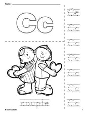 Free printable couple Valentine's Day coloring page and letter tracing worksheet, letter c worksheet for preschool, pre-k, and kindergarten, PDF