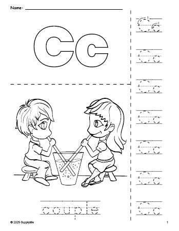 Free printable couple Valentine's Day coloring page and letter tracing worksheet, letter c worksheet for preschool, pre-k, and kindergarten, PDF