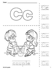 Free printable couple Valentine's Day coloring page and letter tracing worksheet, letter c worksheet for preschool, pre-k, and kindergarten, PDF