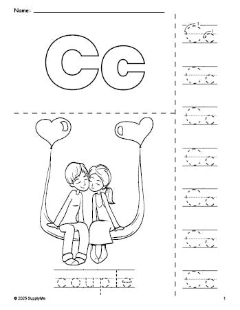 Free printable couple Valentine's Day coloring page and letter tracing worksheet, letter c worksheet for preschool, pre-k, and kindergarten, PDF