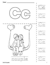 Free printable couple Valentine's Day coloring page and letter tracing worksheet, letter c worksheet for preschool, pre-k, and kindergarten, PDF