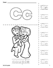 Free printable couple Valentine's Day coloring page and letter tracing worksheet, letter c worksheet for preschool, pre-k, and kindergarten, PDF