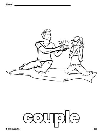 Free printable couple Valentine's Day coloring page for preschool, pre-k, and kindergarten, PDF