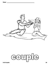 Free printable couple Valentine's Day coloring page for preschool, pre-k, and kindergarten, PDF