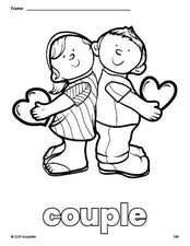 Free printable couple Valentine's Day coloring page for preschool, pre-k, and kindergarten, PDF