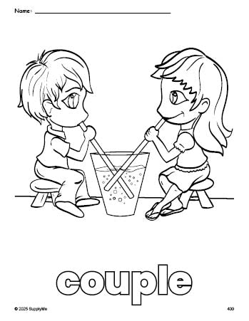 Free printable couple Valentine's Day coloring page for preschool, pre-k, and kindergarten, PDF