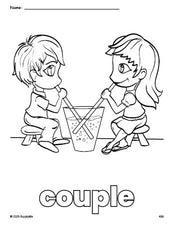 Free printable couple Valentine's Day coloring page for preschool, pre-k, and kindergarten, PDF