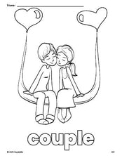 Free printable couple Valentine's Day coloring page for preschool, pre-k, and kindergarten, PDF