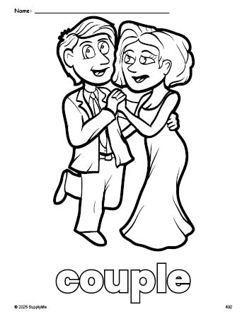 Free printable couple Valentine's Day coloring page for preschool, pre-k, and kindergarten, PDF