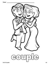 Free printable couple Valentine's Day coloring page for preschool, pre-k, and kindergarten, PDF