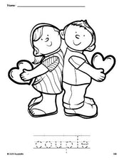 Free printable couple Valentine's Day coloring page and word tracing worksheet, perfect for preschool, pre-k, and kindergarten, PDF