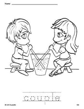 Free printable couple Valentine's Day coloring page and word tracing worksheet, perfect for preschool, pre-k, and kindergarten, PDF