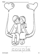 Free printable couple Valentine's Day coloring page and word tracing worksheet, perfect for preschool, pre-k, and kindergarten, PDF