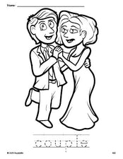 Free printable couple Valentine's Day coloring page and word tracing worksheet, perfect for preschool, pre-k, and kindergarten, PDF