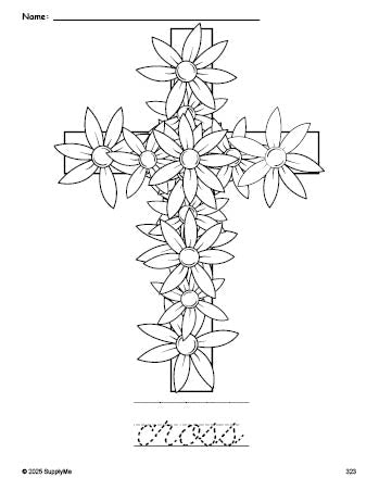 Free printable cross Easter coloring page and cursive word tracing worksheet, perfect for preschool, pre-k, and kindergarten, PDF