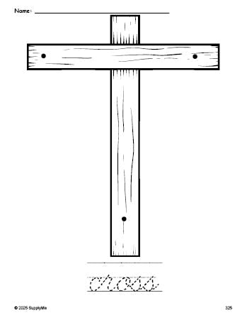 Free printable cross Easter coloring page and cursive word tracing worksheet, perfect for preschool, pre-k, and kindergarten, PDF