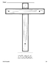 Free printable cross Easter coloring page and cursive word tracing worksheet, perfect for preschool, pre-k, and kindergarten, PDF