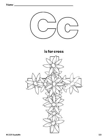 Free printable cross Easter coloring page, letter c coloring page for preschool, pre-k, and kindergarten, PDF