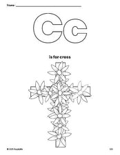 Free printable cross Easter coloring page, letter c coloring page for preschool, pre-k, and kindergarten, PDF