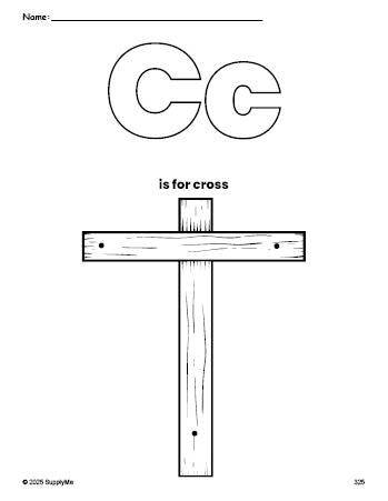 Free printable cross Easter coloring page, letter c coloring page for preschool, pre-k, and kindergarten, PDF