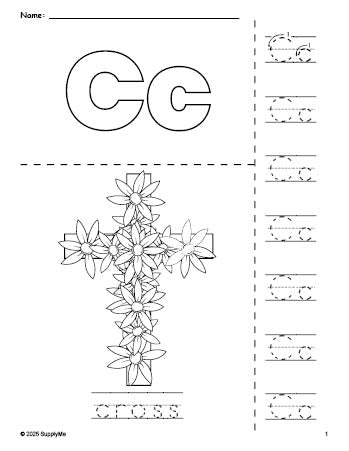 Free printable cross Easter coloring page and letter tracing worksheet, letter c worksheet for preschool, pre-k, and kindergarten, PDF