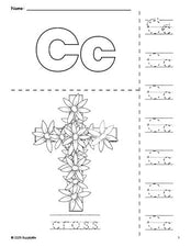 Free printable cross Easter coloring page and letter tracing worksheet, letter c worksheet for preschool, pre-k, and kindergarten, PDF