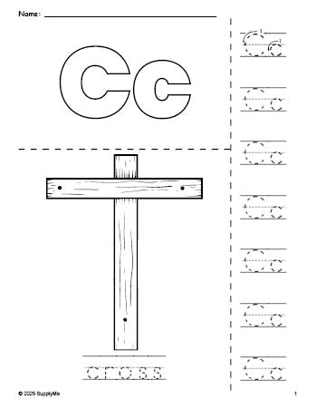 Free printable cross Easter coloring page and letter tracing worksheet, letter c worksheet for preschool, pre-k, and kindergarten, PDF