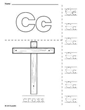 Free printable cross Easter coloring page and letter tracing worksheet, letter c worksheet for preschool, pre-k, and kindergarten, PDF