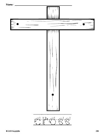 Free printable cross Easter coloring page and word tracing worksheet, letter formation guides, perfect for preschool, pre-k, and kindergarten, PDF