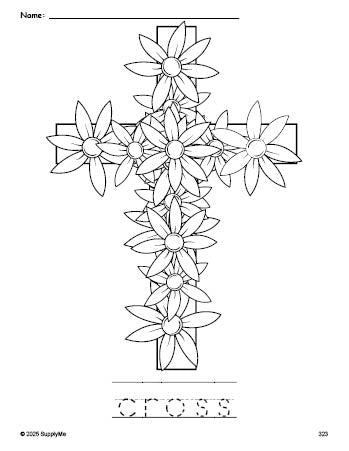 Free printable cross Easter coloring page and word tracing worksheet, perfect for preschool, pre-k, and kindergarten, PDF